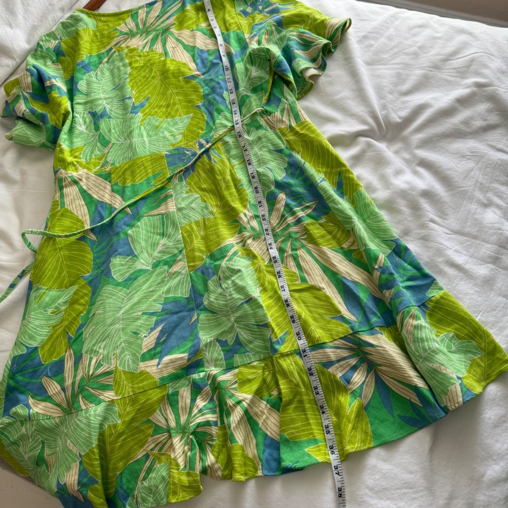 En Creme Tropical Palm Wrap Dress Green Blue Linen Large Mini Wedding Guest - Picture 10 of 12